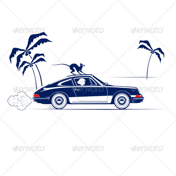 Girl In Retro Car And Cat On The Roof - People Characters