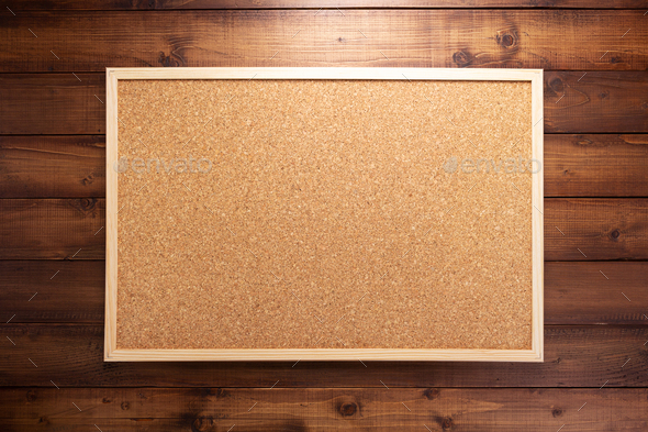 cork board on wooden background Stock Photo by seregam