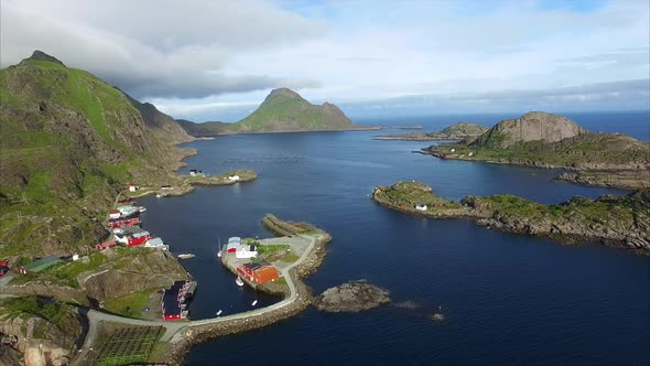 Village of Mortsund on Lofoten islands in Norway, aerial view