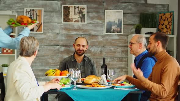 Beautiful Young Woman Putting Delicious Chicken alt
