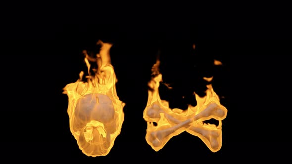 Burning bones and skull on black isolated background.
