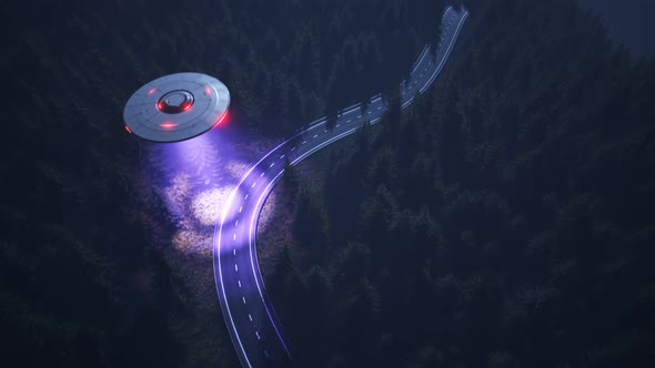 Alien flying saucer hovering over a coniferous forest during  the night. 4KHD alt