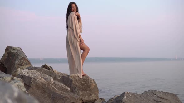 Sexy Girl Model Stands on Stones Against the Sea in a Long Dress alt