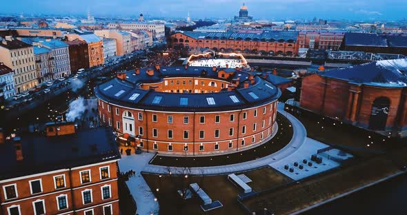 New Holland Island in St. Petersburg. Aerial View of Ancient European Brick Building in the Shape of