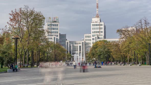 Gosprom Building on the Freedom Square with New Dry Fountain in Kharkov City Timelapse, Ukraine alt