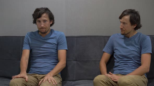 Emotional Intelligence Concept. On One Side of a Young Man Feeling Feels Depressed and Fear on the alt