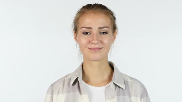Yes, Accepting Offer, Portrait of Beautiful Girl Shaking Head, White Background alt