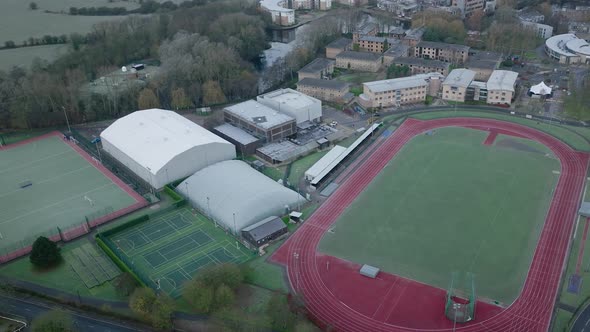 York University Sports Track Campus Exterior Architecture Building Winter Aerial Slow Rise