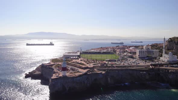 Aerial View Of Europa Point With scenic Strait of Gibraltar In Background On Sunny Day alt