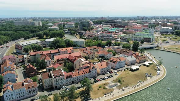 Aerial View of Minsk City, Belarus. Upper Town, Trinity Suburb on Svisloch River