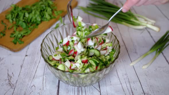 Hands Chef Stirring with a Spoon a Vegetable Salad with Radish Cucumber Greens alt