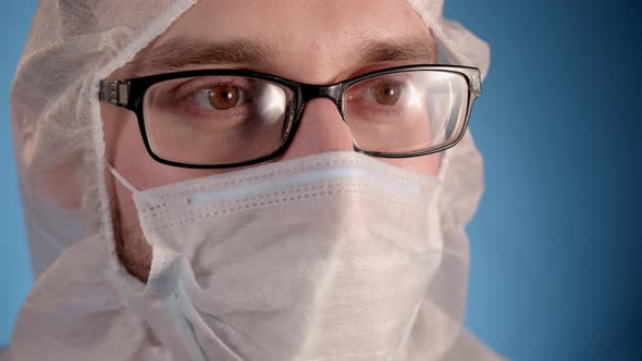 Lab Technician in Overalls Mask Gloves Infected with Virus Deeply Coughs