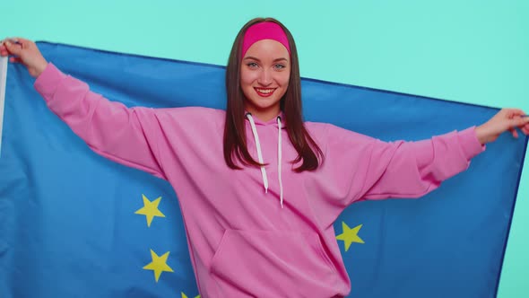 Pretty Teen Girl Waving European Union Flag Smiling Cheering Democratic Laws Human Rights Freedoms alt