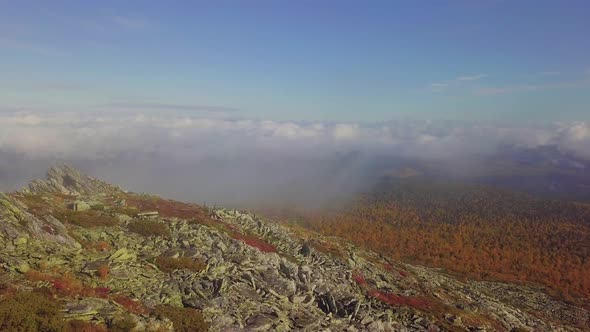 Stone Run on Mountain in Fall. Aerial View From Drone of Loose Rocks on Hill Slope in Autumn alt