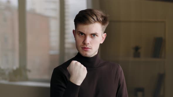 Portrait Millennial Caucasian Guy Student Male Manager Leader Angry Man Showing Danger Gesture with alt