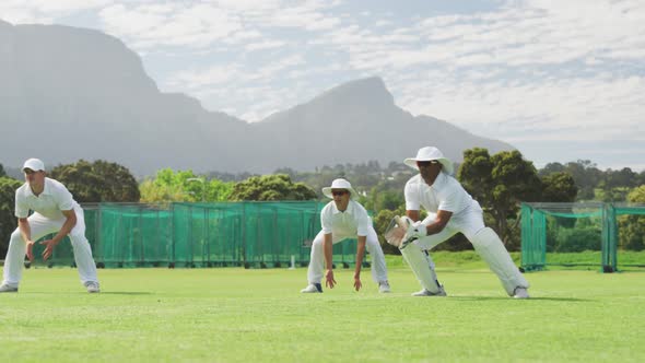 Cricket player catching the ball on the pitch alt