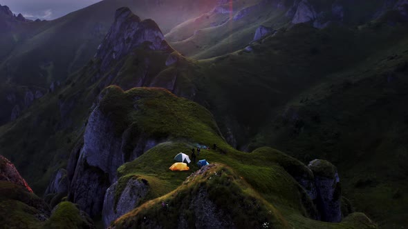 Camping on the Mountain at Sunset During Autumn 