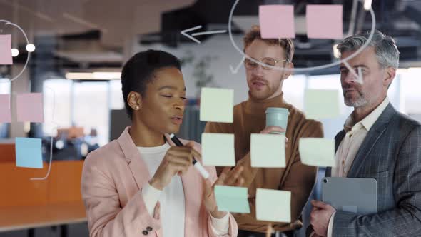 Young Multiracial Girl Showing Colleagues Her Problem Solution on Glass Board alt