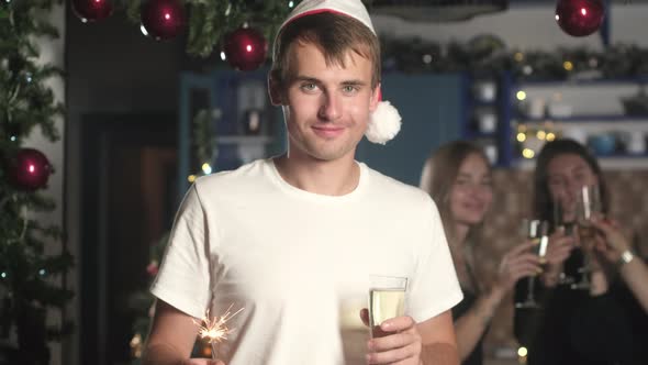 Portrait of a cheerful young man with a glass of champagne and sparklers alt