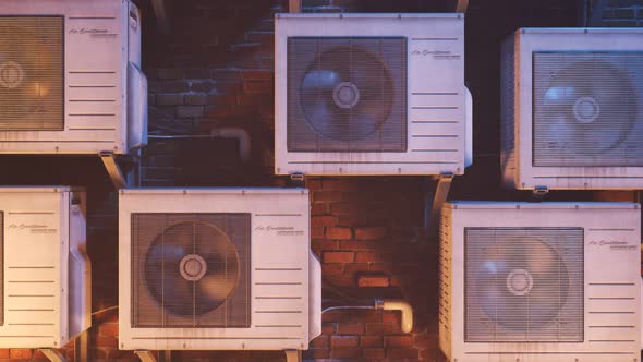 Multiple outdoor air-conditioner units on the brick wall during the night. 4K HD