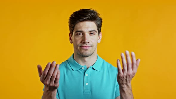 Handsome Man Showing - Hey You, Come Here. Guy Asks Join Him, Beckons with Inviting Hand Hugs alt