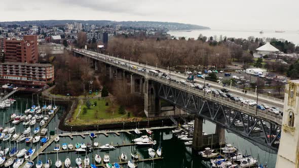 Traffic At Burrard Street Bridge Over Harbour In False Creek. Freedom Convoy Protest In Vancouver, C alt
