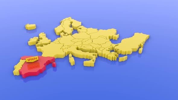 Map of Europe in yellow, focused on Spain in red with a map sticker.