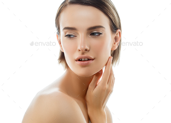 Beauty Woman face with hands. Portrait. Beautiful Spa model Girl with Perfect Fresh Clean Skin. - Stock Photo - Images