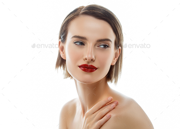 Beauty Woman face with hands. Portrait. Beautiful Spa model Girl with Perfect Fresh Clean Skin. - Stock Photo - Images