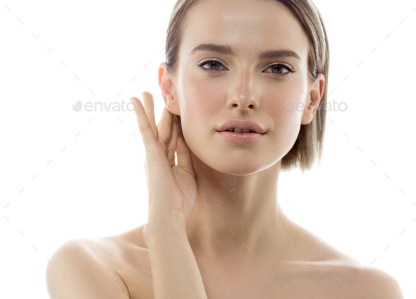 Beauty Woman face with hands. Portrait. Beautiful Spa model Girl with Perfect Fresh Clean Skin. - Stock Photo - Images
