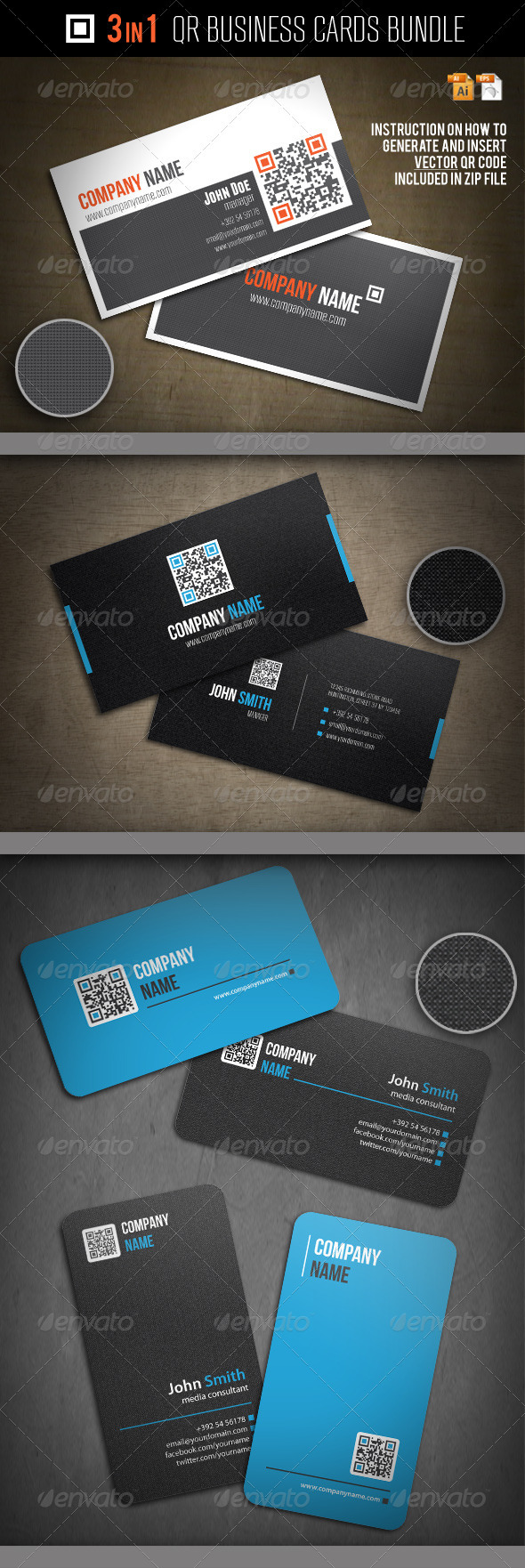 3-In-1 QR Business Cards Bundle - Corporate Business Cards