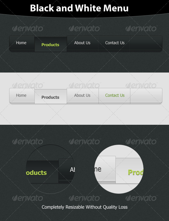 Black and White Menu - Navigation Bars Web Elements