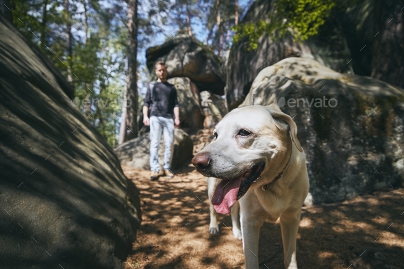 Man with dog in the middle rock formations