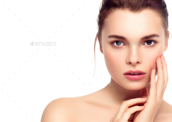 Colorful make-up woman face, beautiful brunette summer makeup with pink lips - Stock Photo - Images