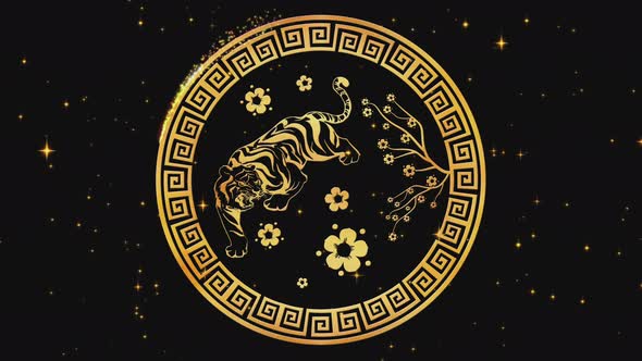 Happy Chinese New Year 2022 Zodiac Sign Tiger on Black Background with Gold Stars alt