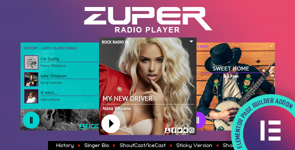 Zuper - Shoutcast and Icecast Radio Player With History - Elementor Widget Addon