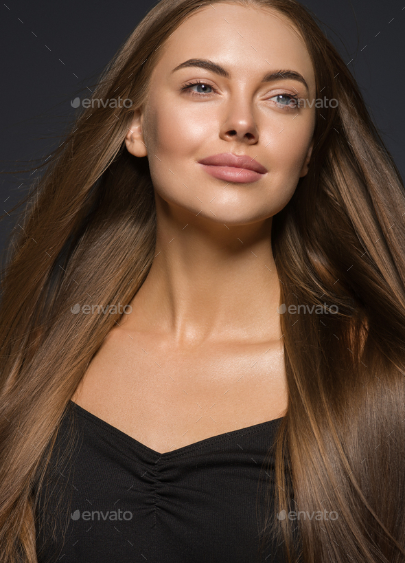 Long smooth brunette healthy hair woman portrait