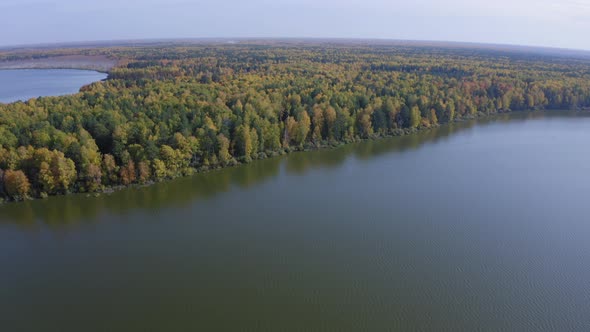 Aerial Footage of a Surface of the Lake Surrounded By Colorful Forest in Autumn