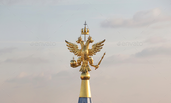 The official coat of arms of Russia on the top spire