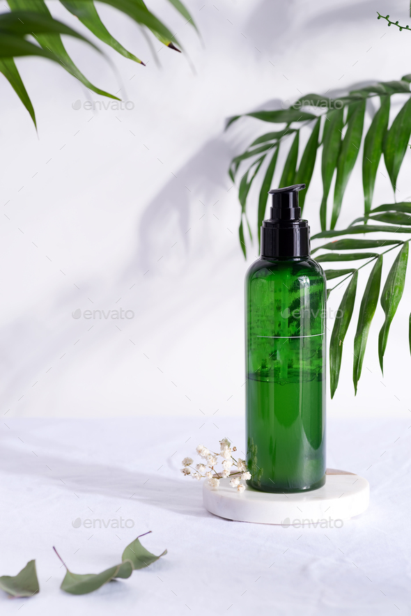 Download Cosmetic Green Bottle Containers With Tropical Leaf Shadow Branding Mock Up Natural Beauty Product Stock Photo By Lyulkamazur