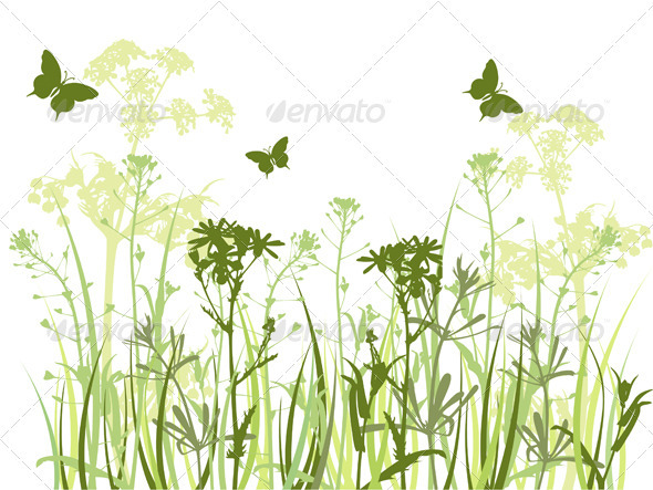 Green Background with Grass and Butterflies - Flowers & Plants Nature