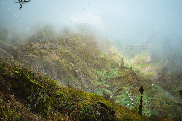 Santo Antao, Cape Verde. Mountain ridge with foggy clouds above on hike rout 303 to Xoxo in the