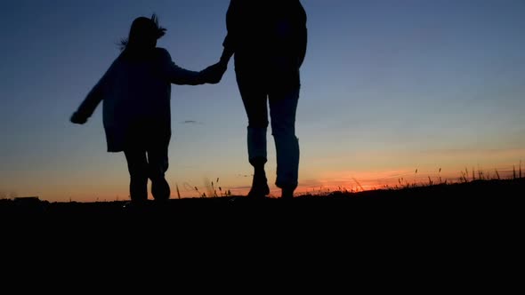Slow motion Happy family mom and daughter in the field at sunset.