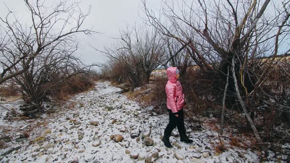 Young Woman in a Winter Pink Down Jacket with a Hood Walks in the Forest in Winter alt