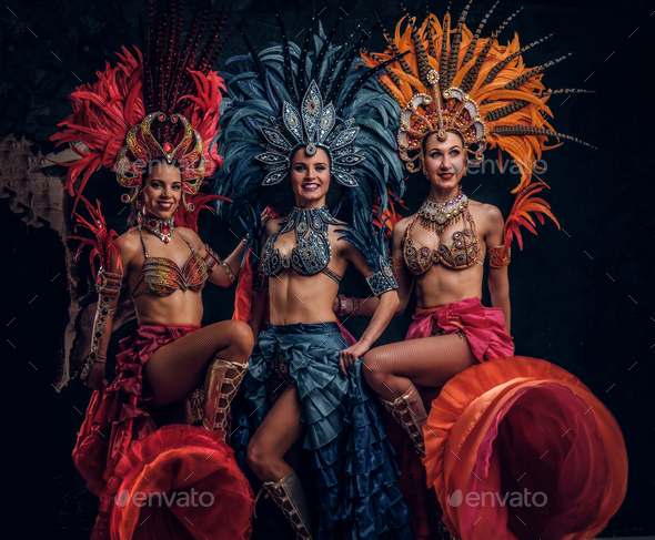Three Woman in Brazilian Samba Carnival Costume with Colorful
