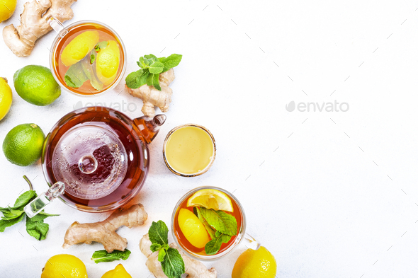 Healing black herbal tea with ginger, honey, lemon