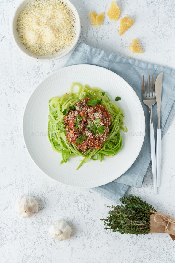 Keto pasta Bolognese with mincemeat and zucchini noodles, fodmap, lchf, low carb. Vertical - Stock Photo - Images