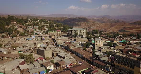 Flying above the city of Gondar in Ethiopia, Africa. 4K alt