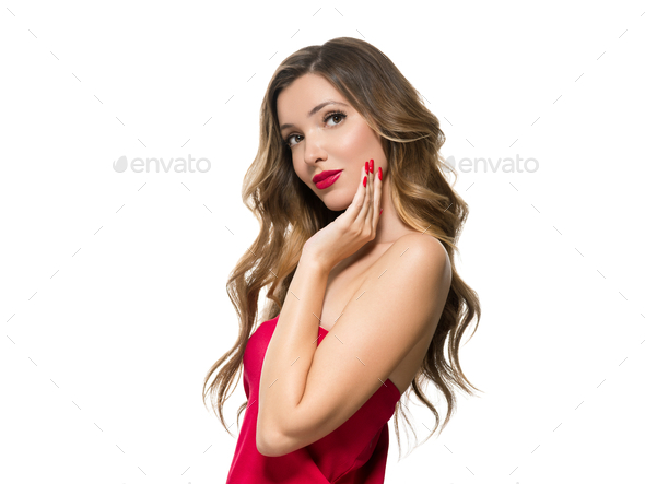 Beautiful Woman With Red Manicured Nails And Red Lipstick Long Curly