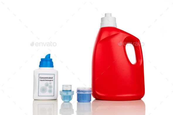 Comparison of regular and concentrated laundry liquid detergent against white background